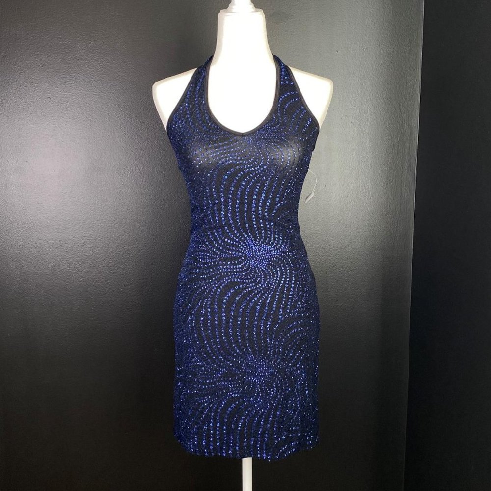 Vintage 90s Black & Blue Glitter Halter Mini Cocktail Dress